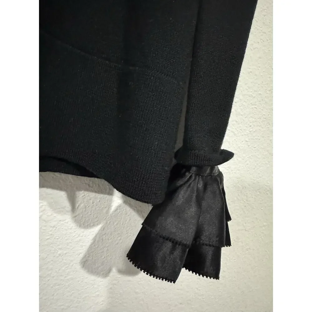 Tory Burch Black V-Neck Sweater with Removable Silk Collar and Cuffs Size L
